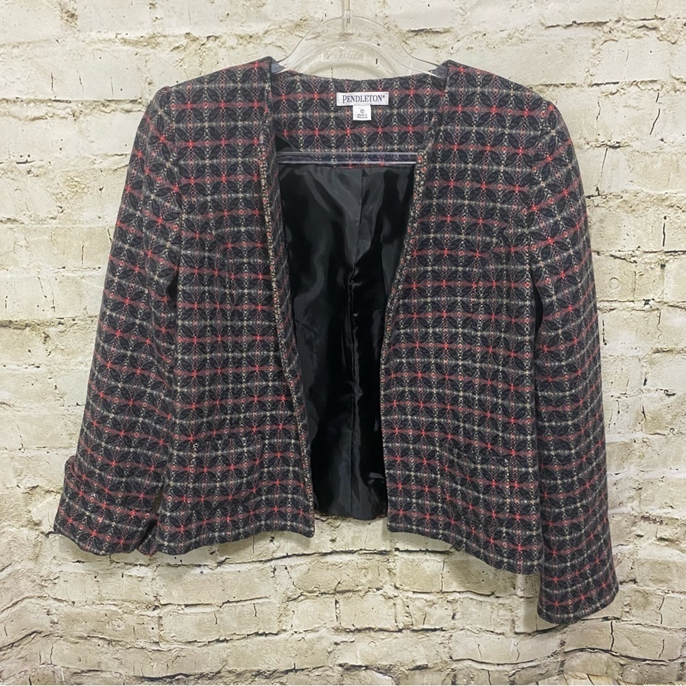 Pendleton Pink Gray Printed Wool Cashmere Blend Open Front Blazer